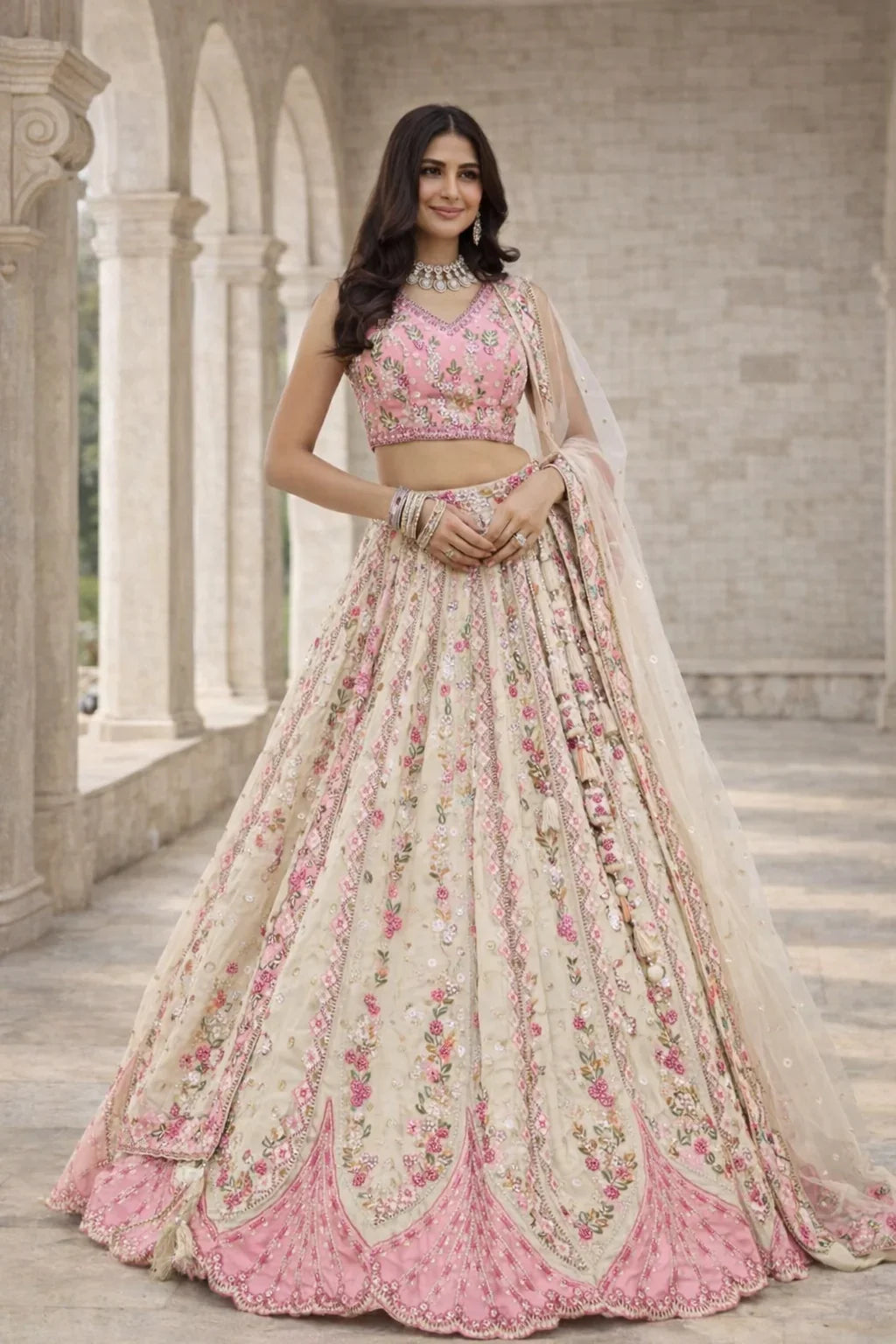 Pastel Pink & Cream Heavy Floral Embroidered Designer Lehenga – Elegant Wedding Wear in USA