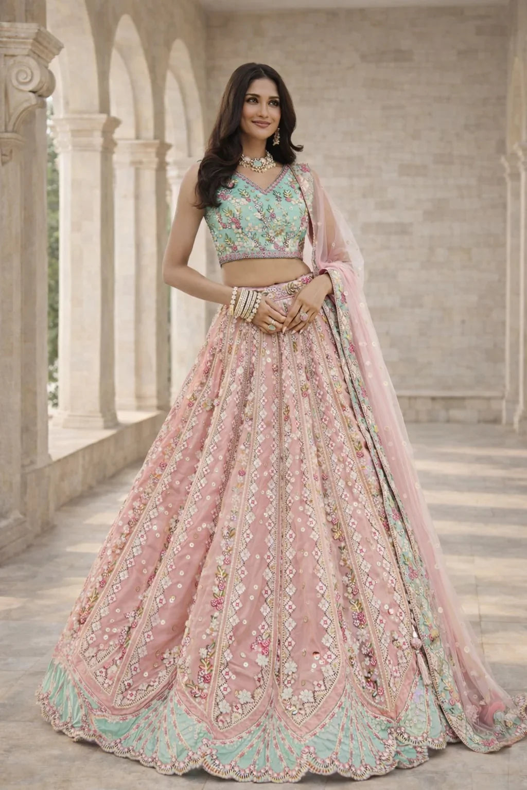 Peach Pink & Mint Heavy Embroidered Floral Designer Lehenga – Luxury Wedding & Festive Wear in USA
