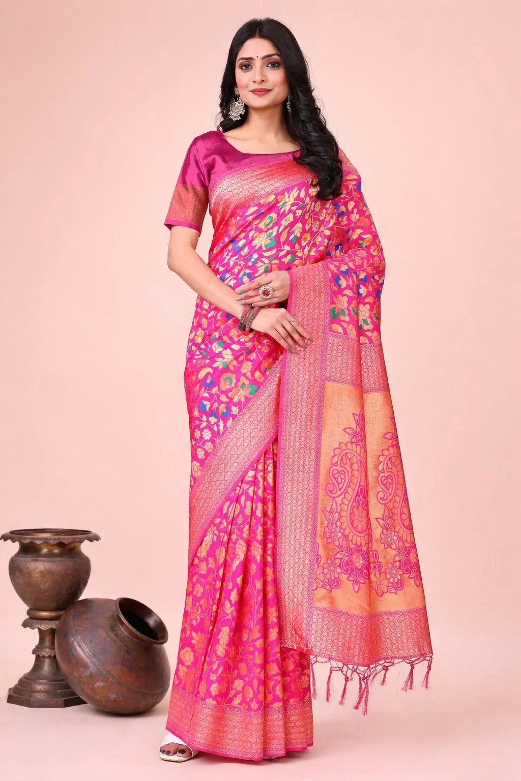 Pink Kashmiri Traditional Wear Lichi Silk Saree – Elegant Designer Silk Saree for Weddings & Festive Wear in USA