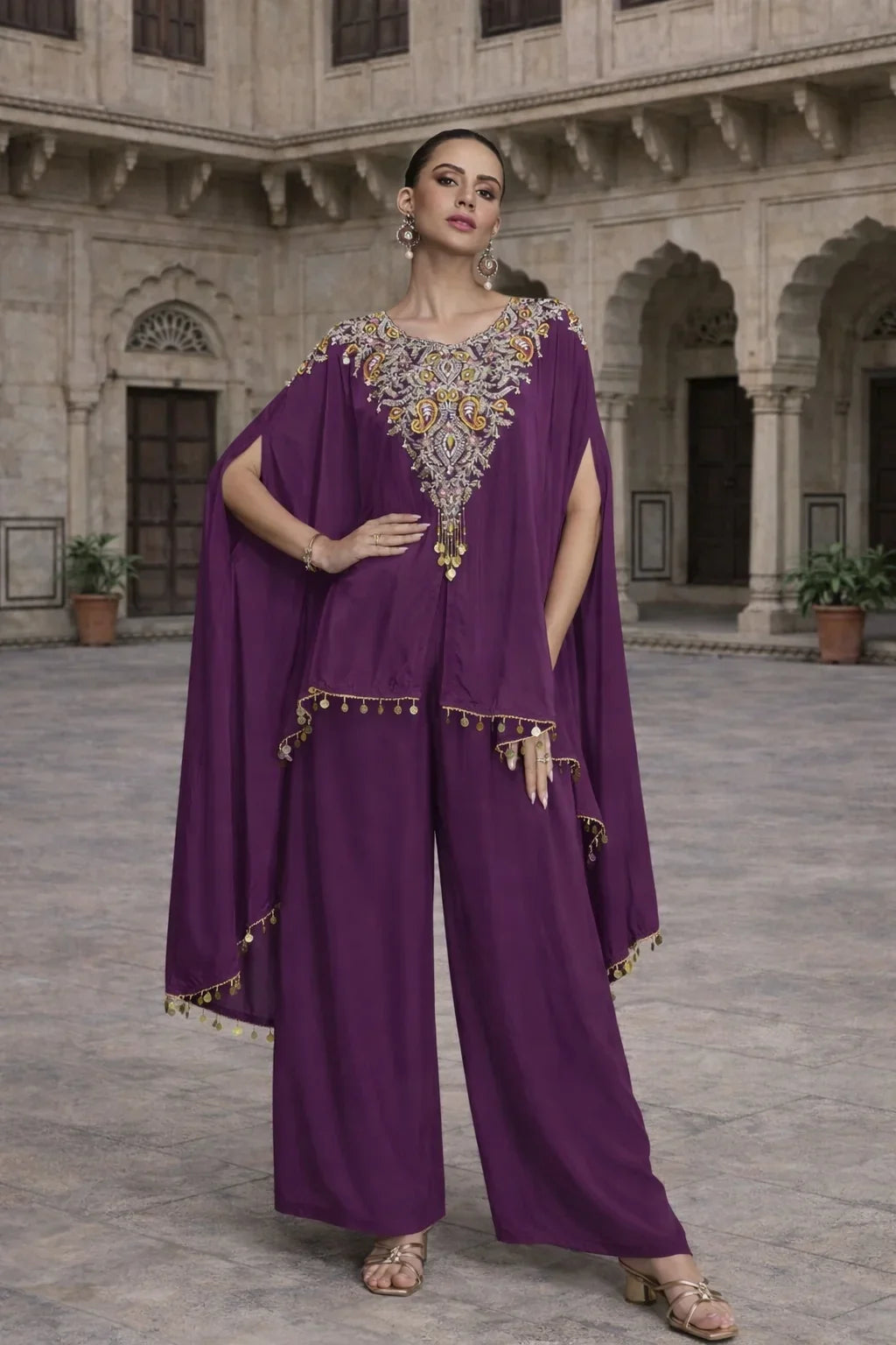 Plum Embellished Kaftan Style Co-ord Set with Tassel Detailing – Luxury Designer Indo-Western Outfit in USA