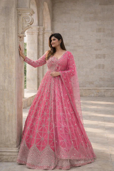 Rani Pink Heavy Embroidered Designer Anarkali Gown Set in USA – Available at Swaraksha Fashions, Overland Park KS