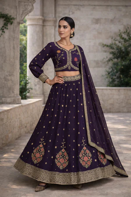 Royal Aubergine Purple Embroidered Traditional Lehenga Set in USA – Available at Swaraksha Fashions, Overland Park KS