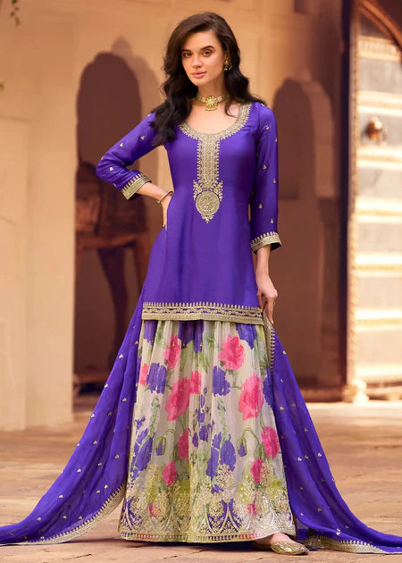 Royal Blue Embroidered Kurti with Floral Sharara & Dupatta Set – Elegant Festive Style in the USA