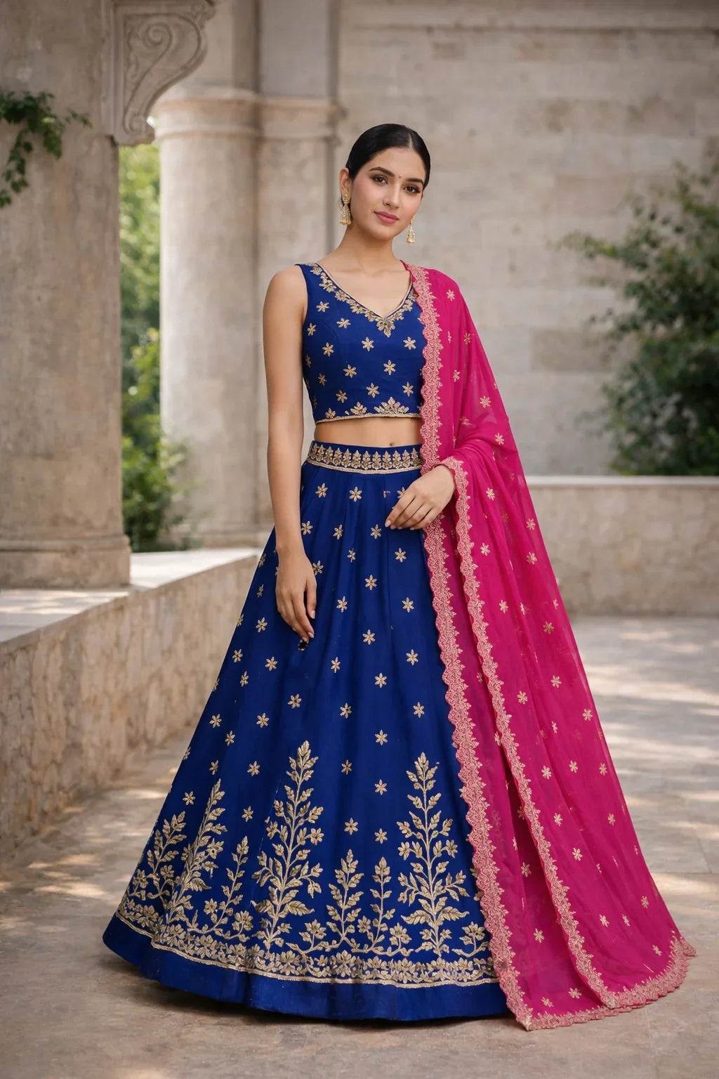 Royal Blue & Magenta Pink Embroidered Traditional Lehenga Set – Elegant Indian Wedding Wear in USA