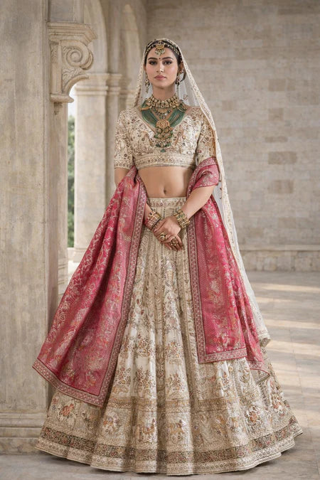 Royal Ivory & Rose Pink Embroidered Bridal Lehenga Set in USA – Available at Swaraksha Fashions, Overland Park KS