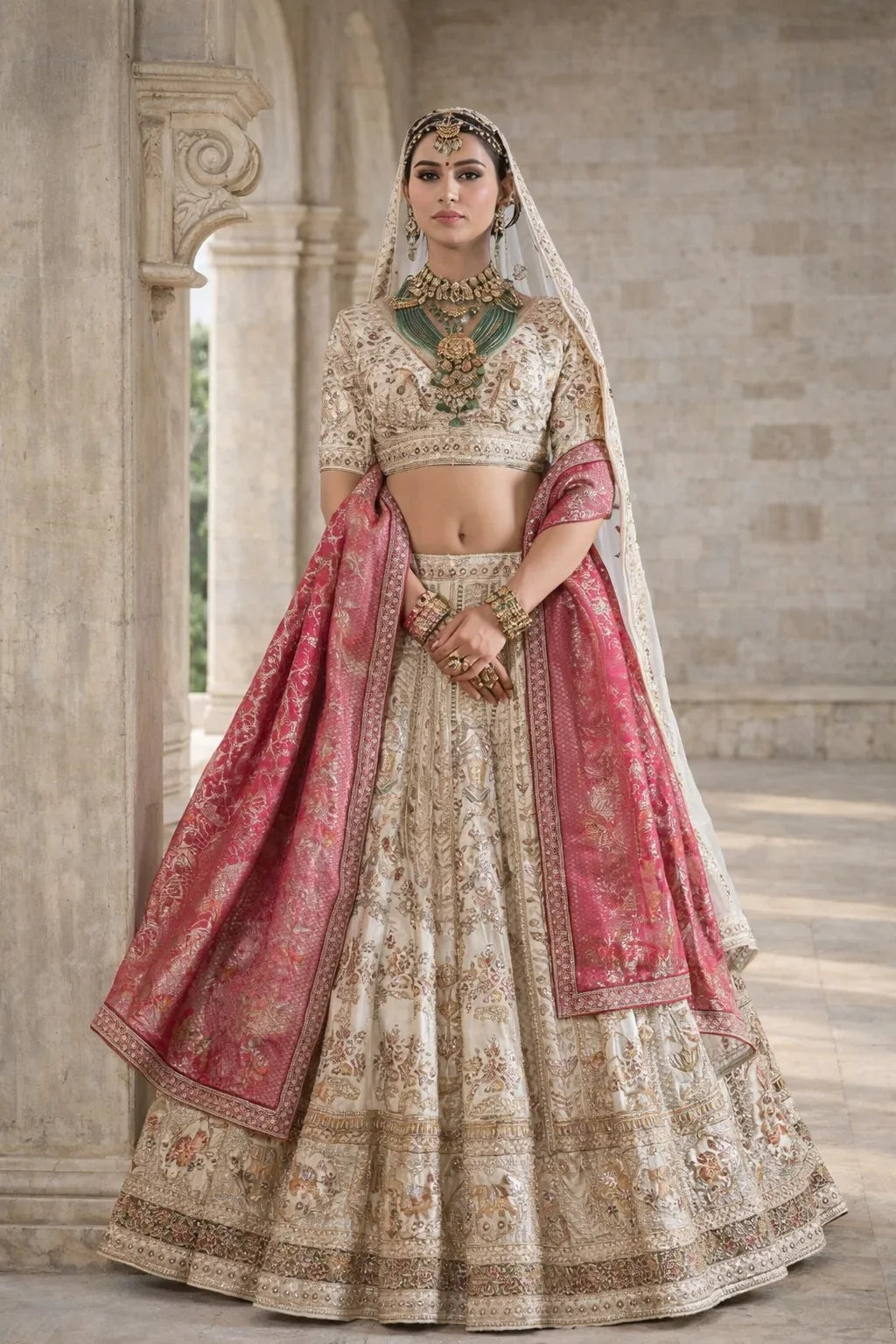 Royal Ivory & Rose Pink Embroidered Bridal Lehenga Set – Elegant Wedding Wear in USA