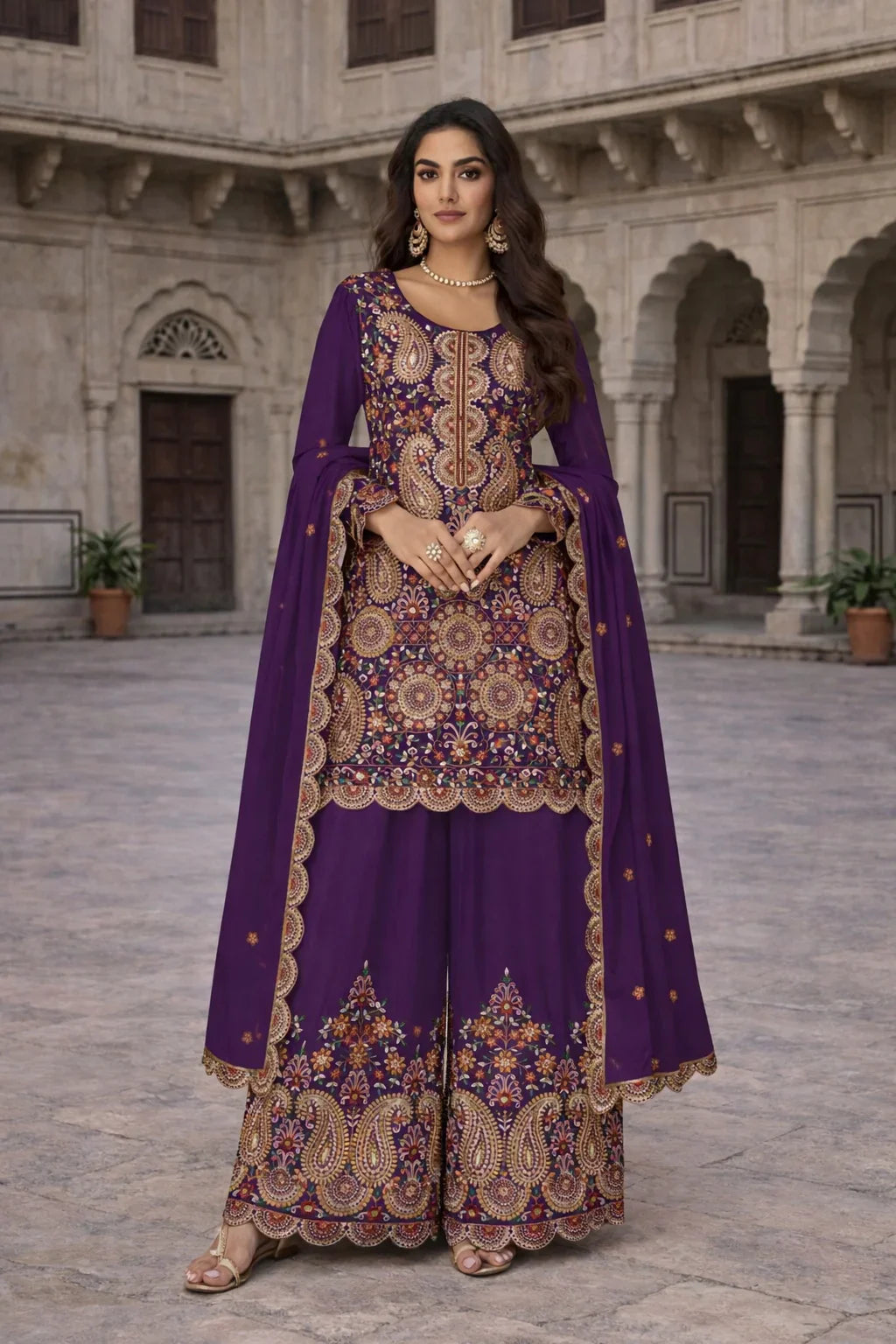 Royal Purple Heavy Embroidered Palazzo Suit Set – Regal Ethnic Fashion for Women in USA