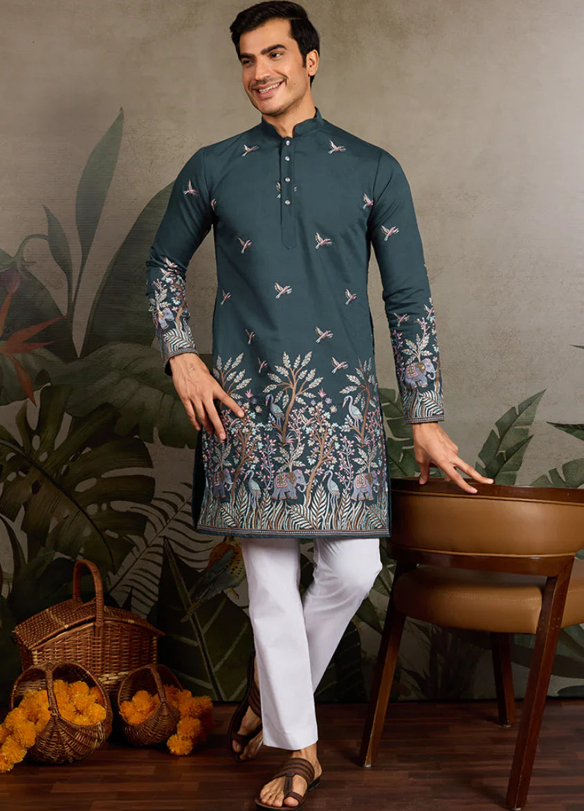 Emerald Forest Embroidered Men’s Kurta – Luxury Men’s Ethnic Fashion in USA at Swaraksha Fashions