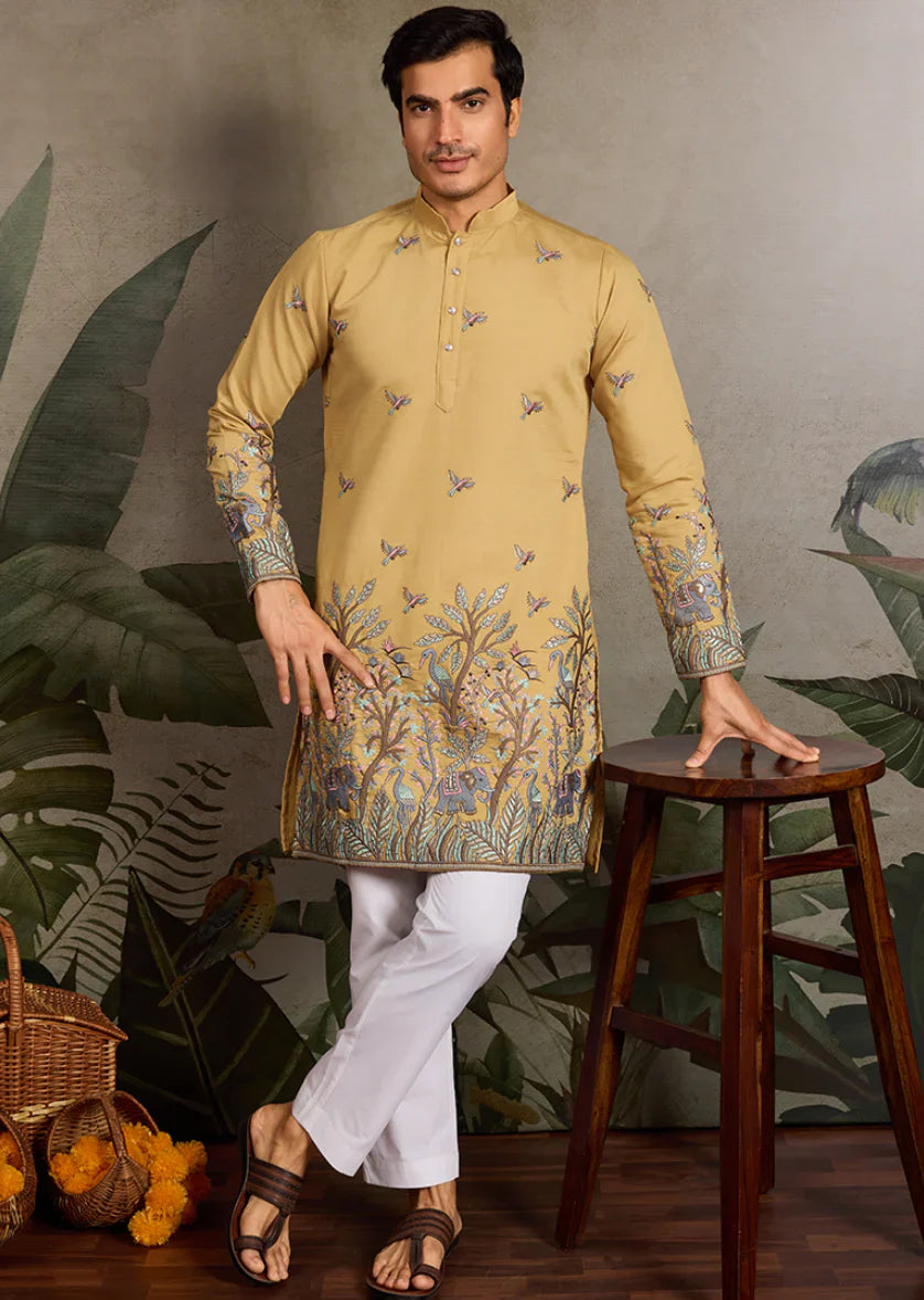 Royal Mustard Forest Embroidered Men’s Kurta – Distinguished Ethnic Style for Men in USA