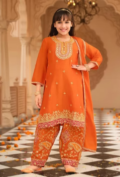 Orange Dreamy Chinon Embroidered Top Farshi with Dupatta – Elegant Pakistani Designer Outfit in USA