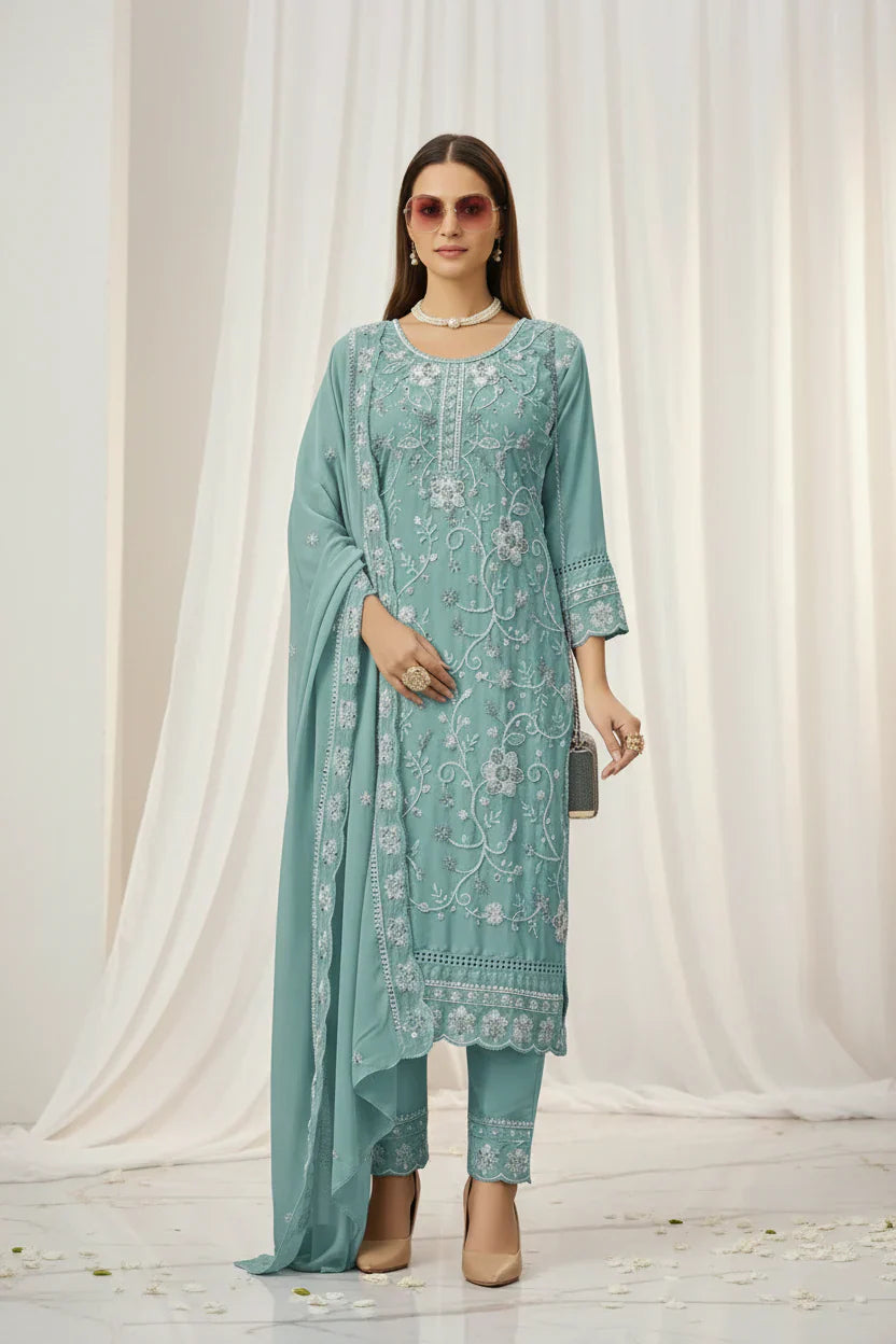 Light Blue Embroidered Salwar Suit Set – Elegant Indian Ethnic Wear for Women in USA