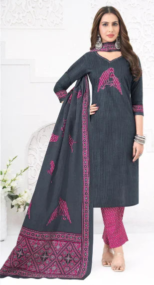 Charcoal Grey and Pink Printed Cotton Kurti Pant Dupatta Set – Stylish Ethnic Fashion in USA at Swaraksha Fashions