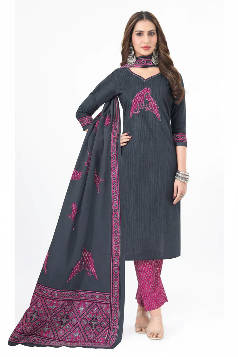 Charcoal Grey and Pink Printed Cotton Kurti Pant Dupatta Set – Elegant Designer Ethnic Wear for Women in USA