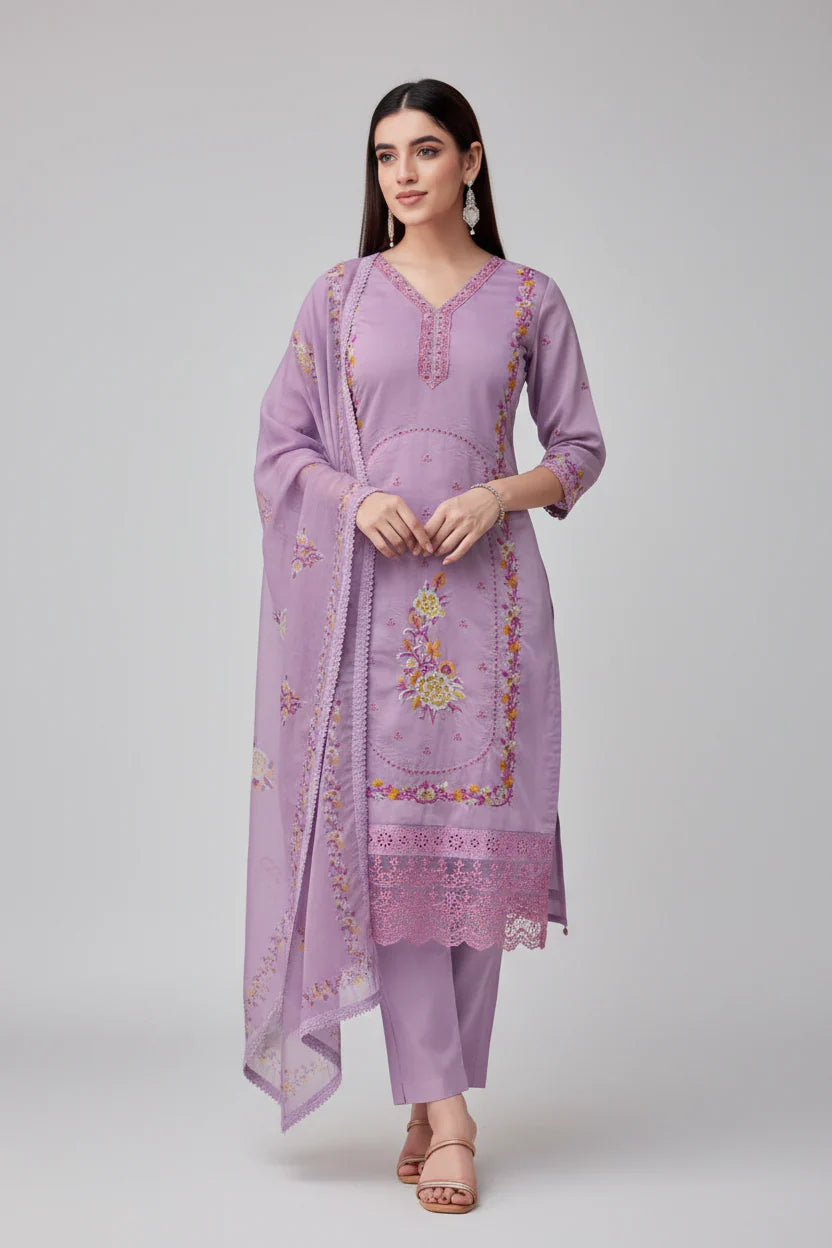 Lavender Cotton Embroidered Kurta Set with Dupatta – Elegant Indian Ethnic Wear in USA