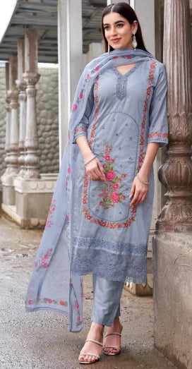 Light Grey Cotton Embroidered Kurta Set with Dupatta – Effortless Everyday Elegance in the USA