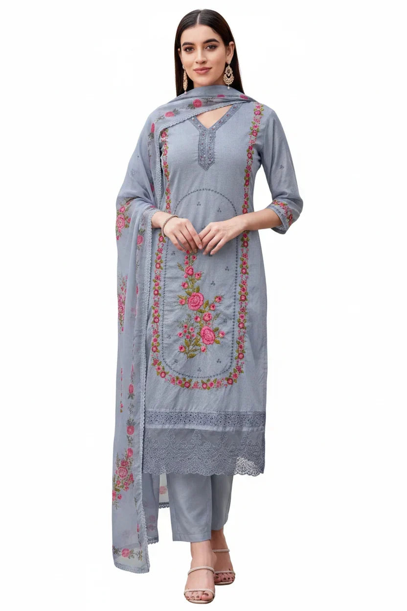 Light Grey Cotton Embroidered Kurta Set with Dupatta – Elegant Cotton Ethnic Wear in USA
