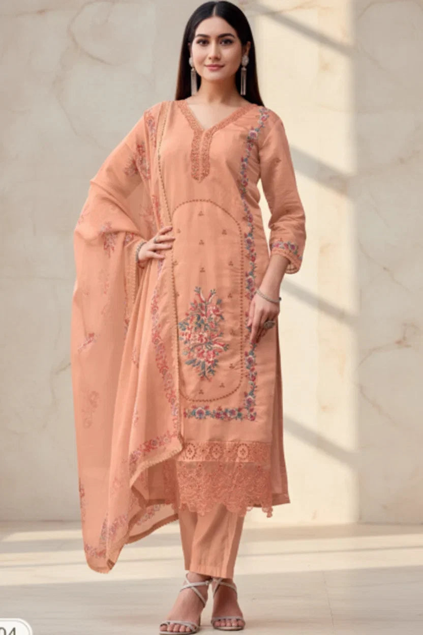 Peach Embroidered Straight Kurta Set with Dupatta – Elegant Designer Ethnic Wear in USA
