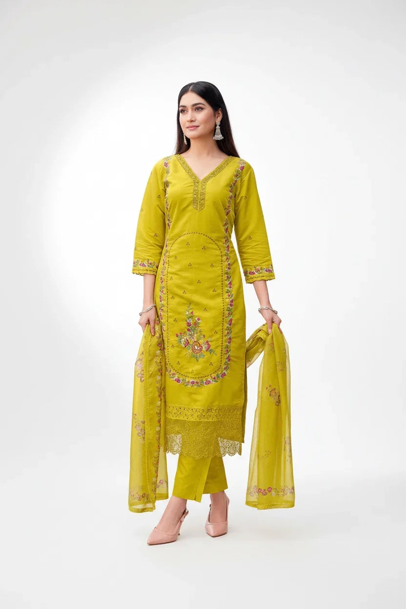 Mustard Yellow Cotton Embroidered Kurta Set with Dupatta – Elegant Designer Ethnic Wear in USA
