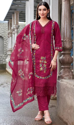 Hot Pink Cotton Embroidered Kurta Set with Dupatta – Vibrant Everyday Elegance in the USA