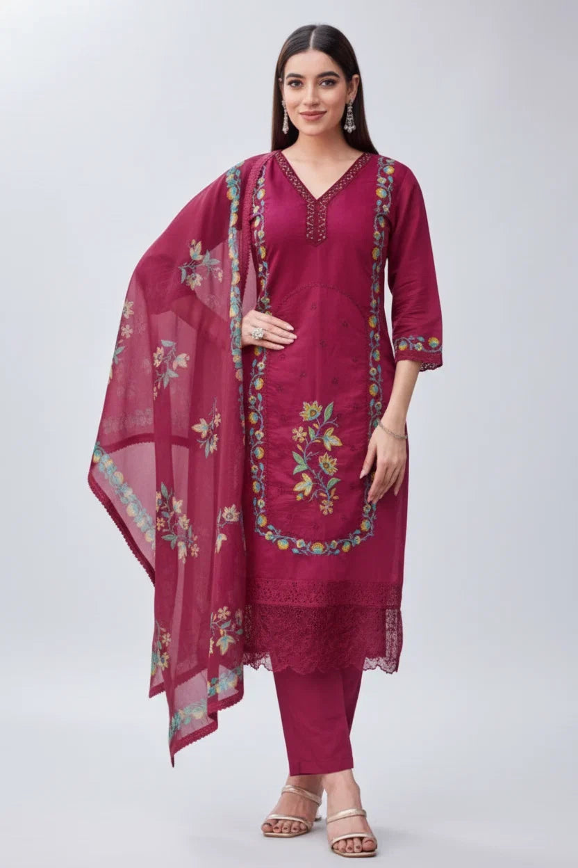 Hot Pink Cotton Embroidered Kurta Set with Dupatta – Vibrant Designer Ethnic Wear in USA