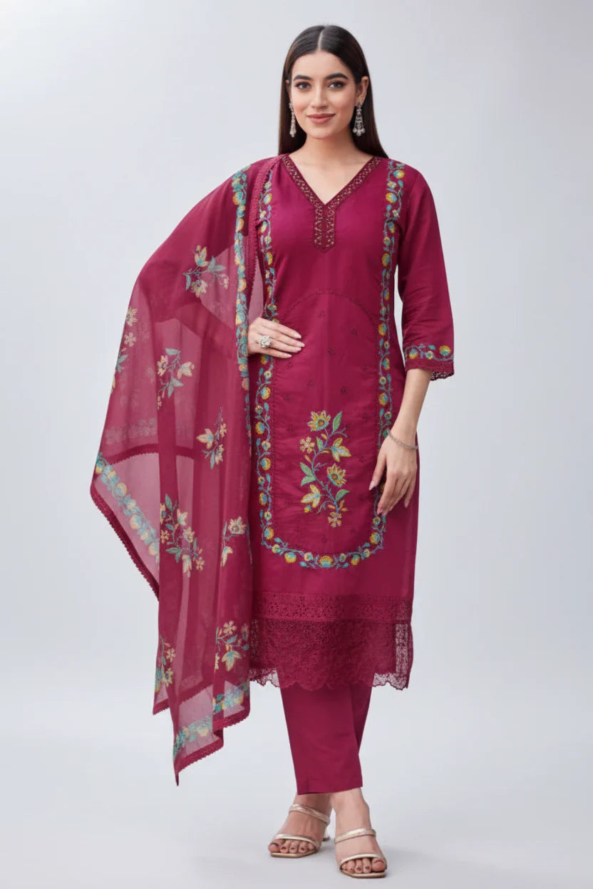 Hot Pink Cotton Embroidered Kurta Set with Dupatta – Vibrant Indian Ethnic Wear in USA