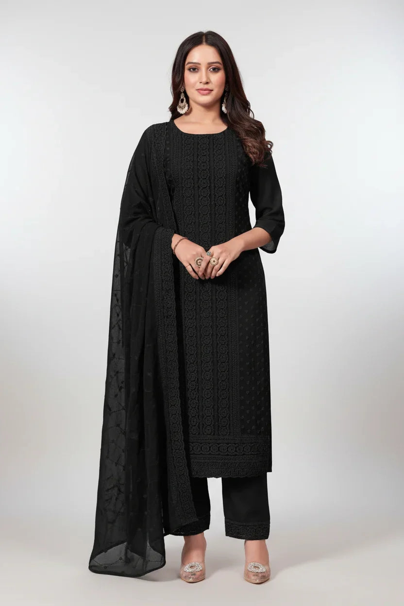 Black Cotton Embroidered Kurta Set with Dupatta – Elegant Cotton Ethnic Wear in USA