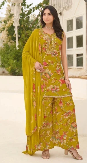 Olive Green Georgette Floral Sharara Set – Elegant Festive Wear for Women in USA