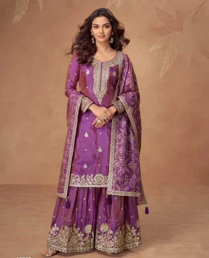 Royal Purple Embroidered Sharara Set with Dupatta – Elegant Wedding & Festive Wear in USA
