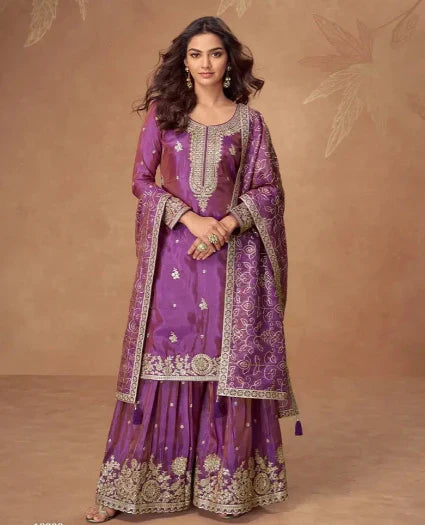 Royal Purple Embroidered Sharara Set with Dupatta – Regal Ethnic Fashion for Women in USA