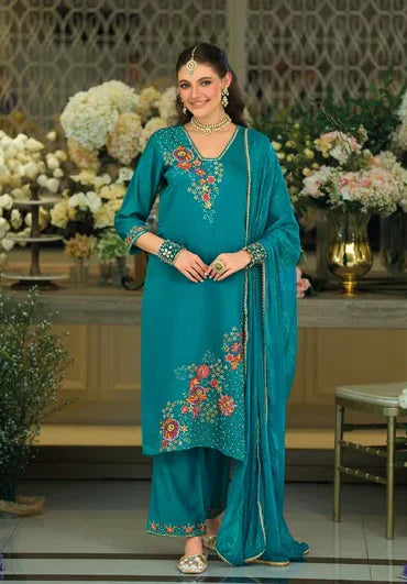 Teal Green Floral Embroidered Kurta Set with Dupatta – Elegant USA Ethnic Fashion at Swaraksha Fashions