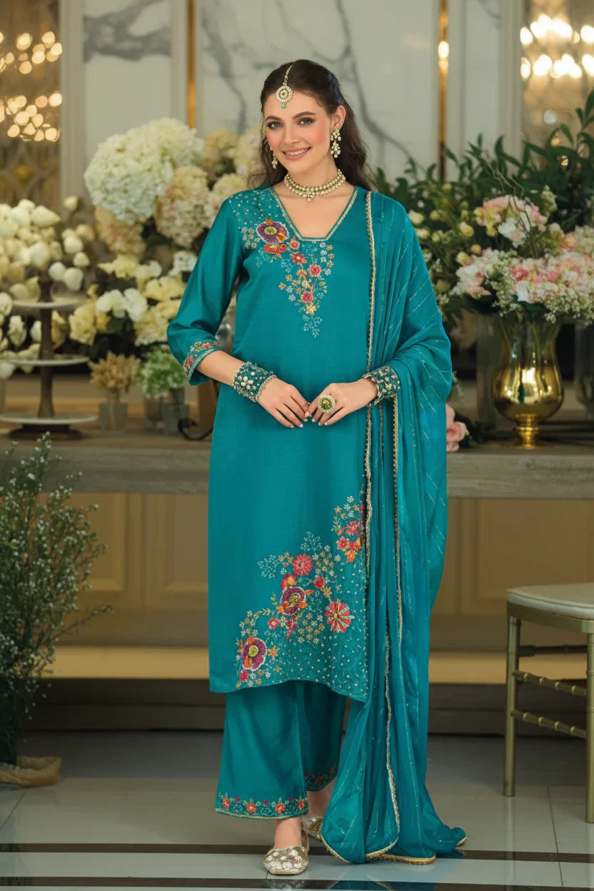 Teal Green Floral Embroidered Kurta Set with Dupatta – Elegant Ethnic Fashion in USA at Swaraksha Fashions