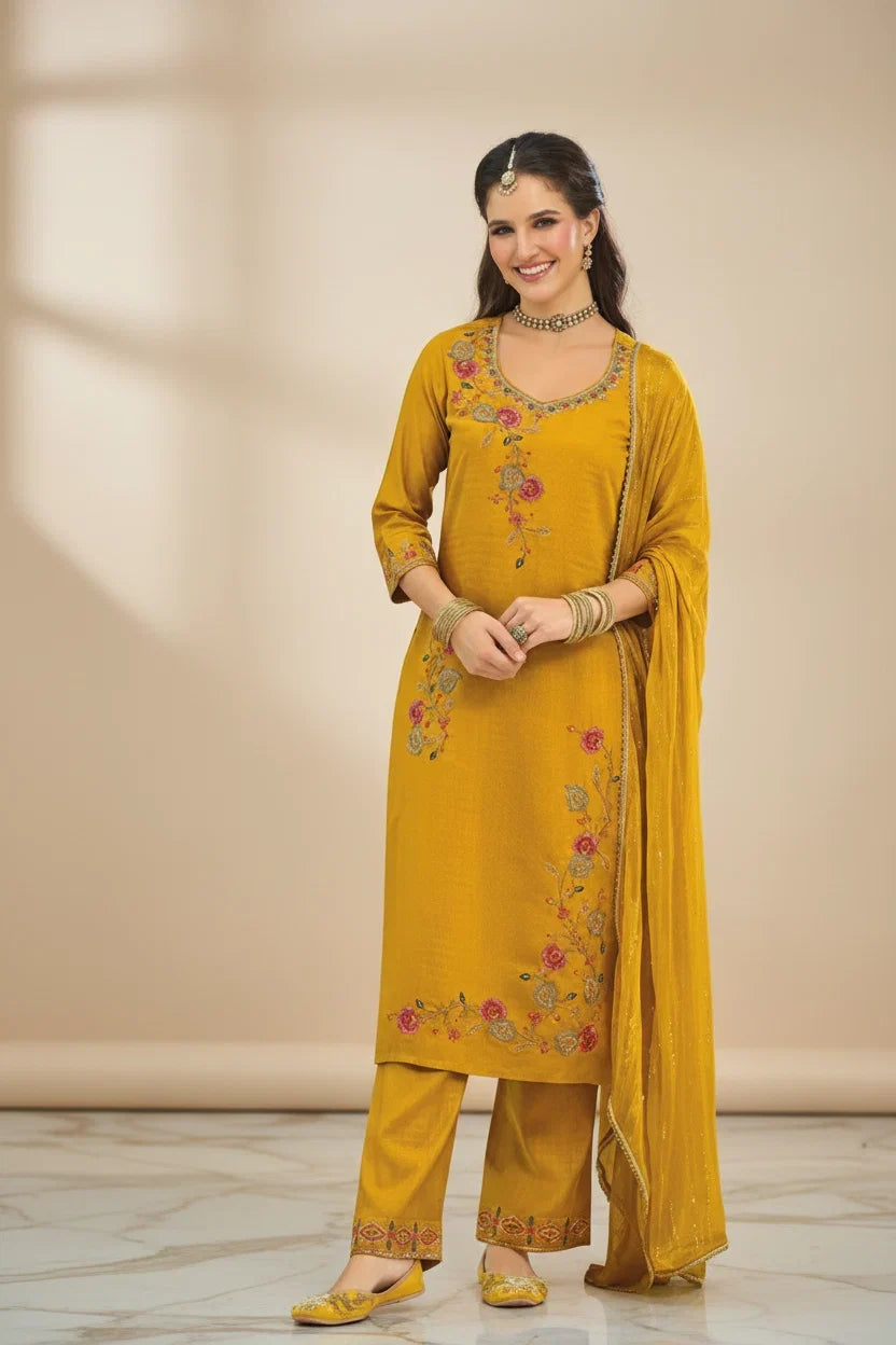 Mustard Yellow Floral Embroidered Kurta Set with Dupatta