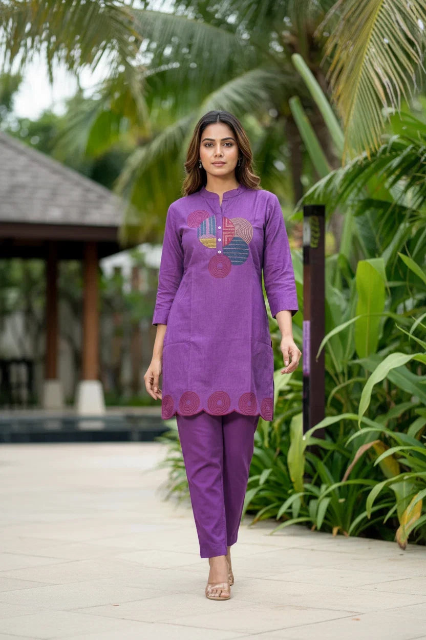 Purple Cotton Embroidered Kurta Set – Elegant Everyday & Festive Ethnic Wear in USA