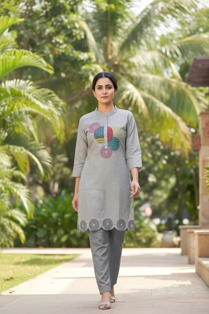 Grey Cotton Embroidered Kurta Set – Elegant Everyday & Office Wear Ethnic Fashion in USA