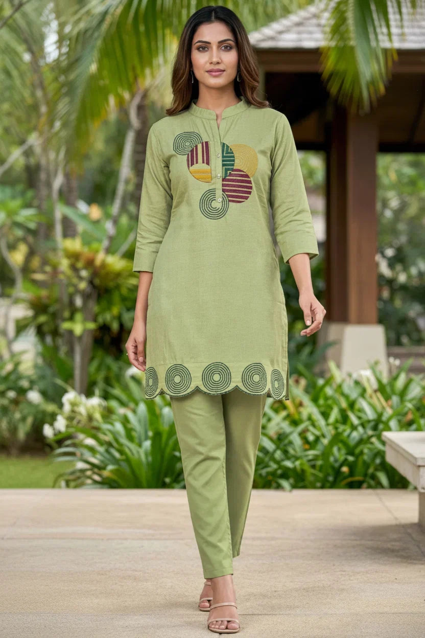 Light Olive Green Cotton Embroidered Kurta Set – Comfortable Designer Ethnic Wear in USA