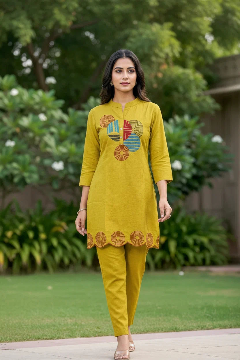 Mustard Yellow Cotton Embroidered Kurta Set – Vibrant Designer Ethnic Wear for Women in USA