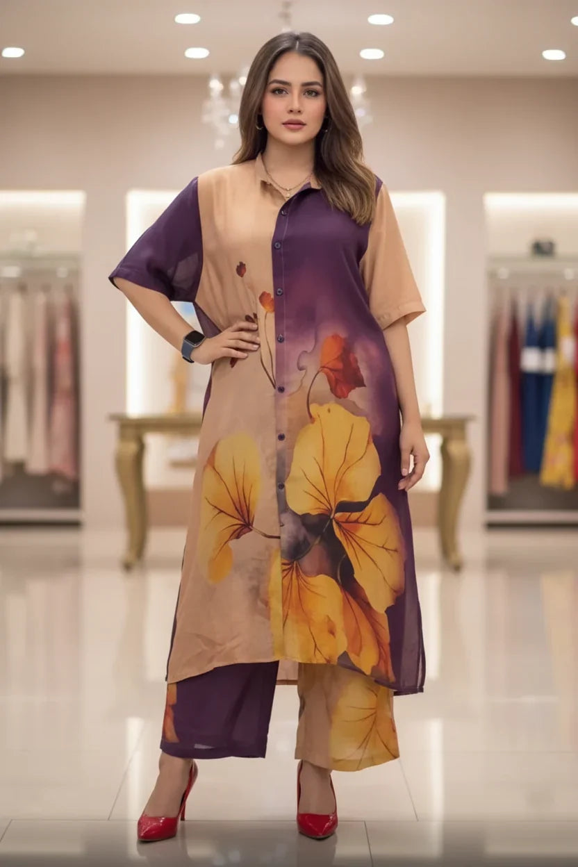 Dual Tone Floral Printed Indo-Western Shirt Kurta Set