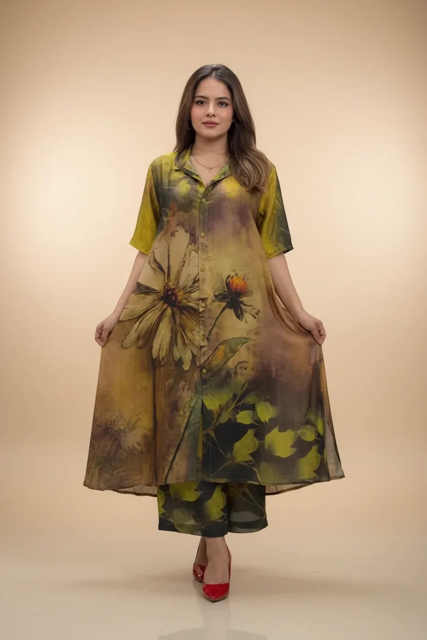 Earthy Floral Abstract Indo-Western Shirt Kurta Set