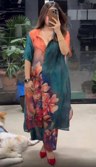 Blue Floral Printed Indo-Western Shirt Kurta Set – Effortless Fusion Style in the USA