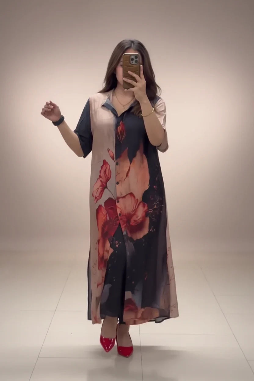 Abstract Floral Printed Indo-Western Shirt Dress