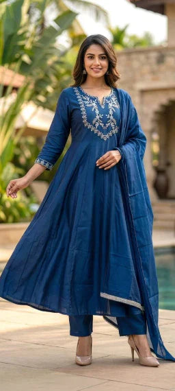 Navy Blue Embroidered Anarkali Suit Set – Elegant Ethnic Fashion in USA at Swaraksha Fashions