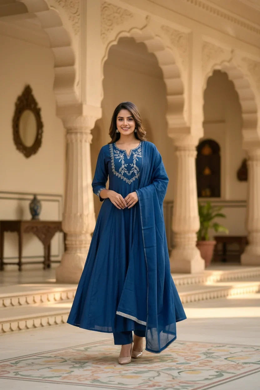 Navy Blue Embroidered Anarkali Suit Set