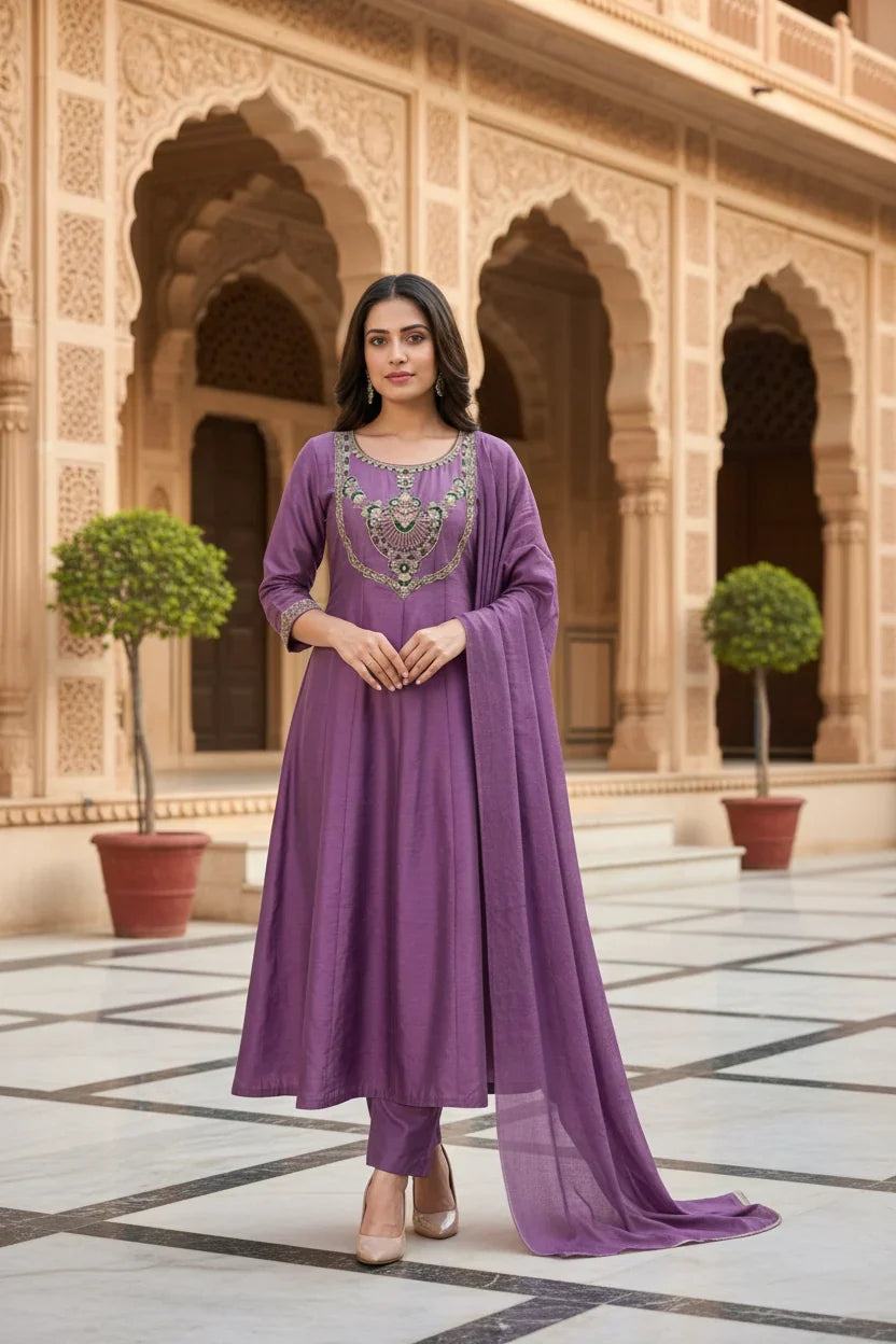 Mauve Purple Embroidered Anarkali Suit Set