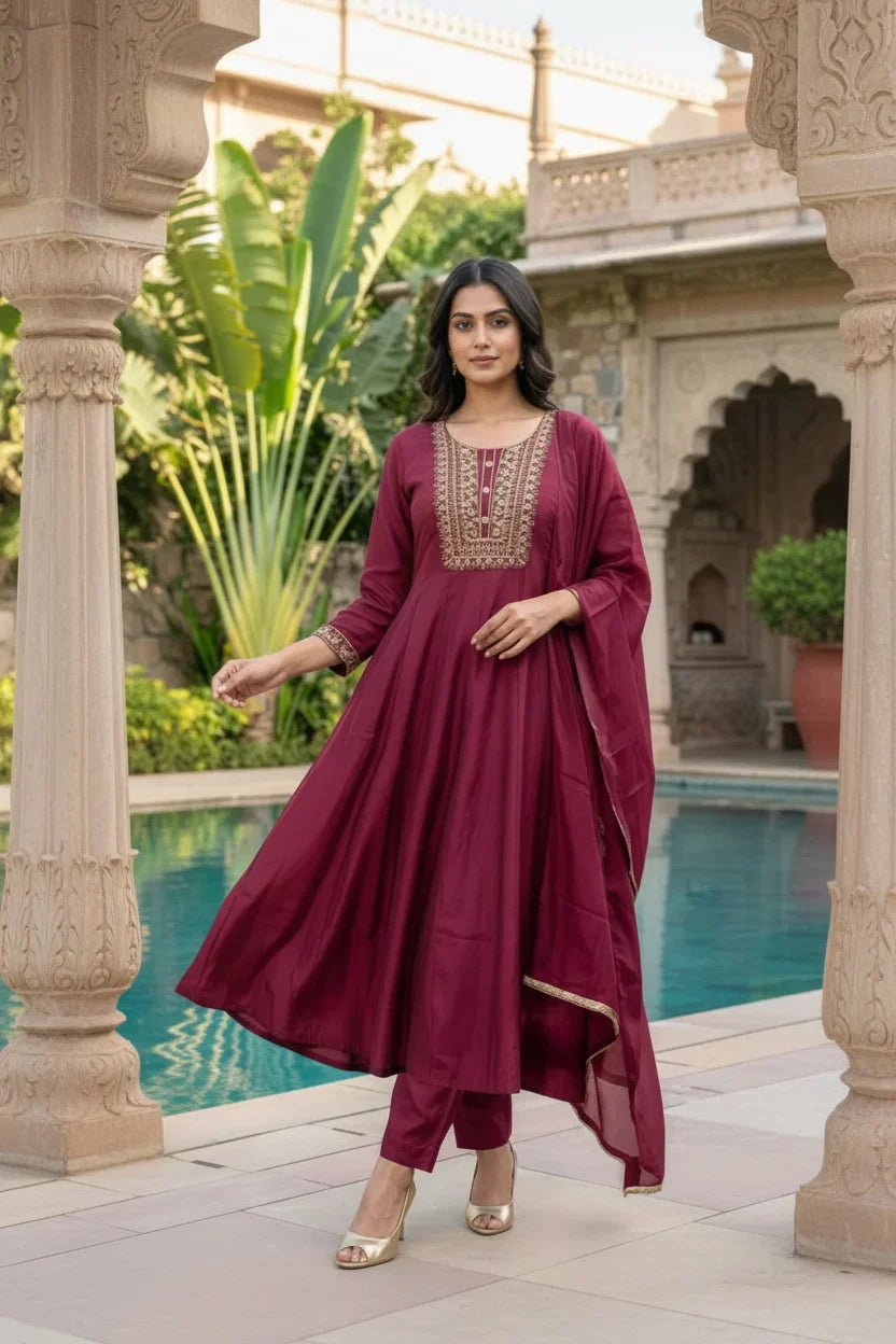 Wine Maroon Embroidered Anarkali Suit Set
