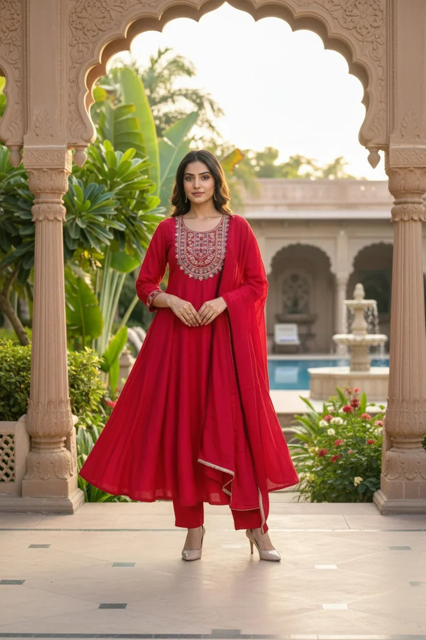 Crimson Red Embroidered Anarkali Suit Set