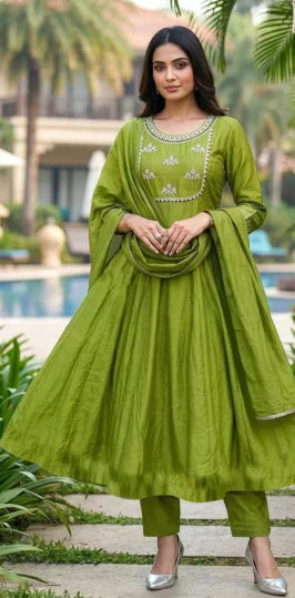 Olive Green Embroidered Anarkali Suit Set – Premium Ethnic Fashion in USA at Swaraksha Fashions
