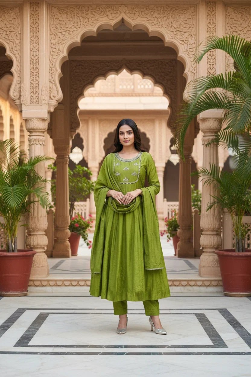 Olive Green Embroidered Anarkali Suit Set