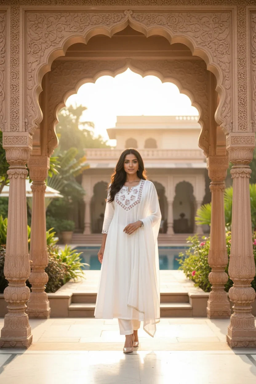 Ivory White Embroidered Anarkali Suit Set