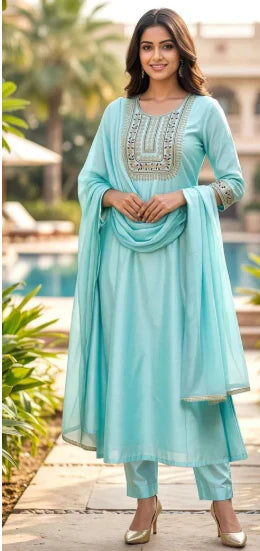 Aqua Blue Embroidered Anarkali Suit Set – Graceful Ethnic Fashion in USA at Swaraksha Fashions