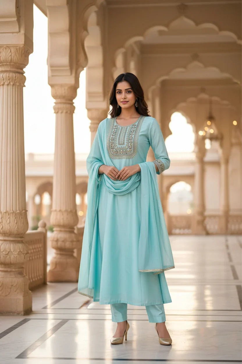 Aqua Blue Embroidered Anarkali Suit Set